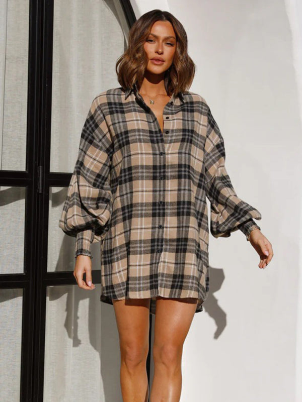 Women's comfortable plaid lantern sleeve long sleeve shirt - FashionistaDeal