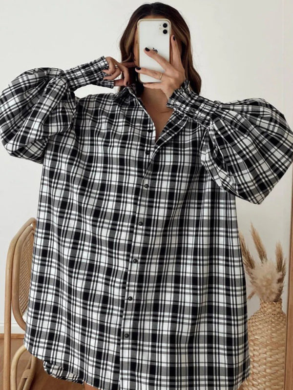 Women's comfortable plaid lantern sleeve long sleeve shirt - FashionistaDeal