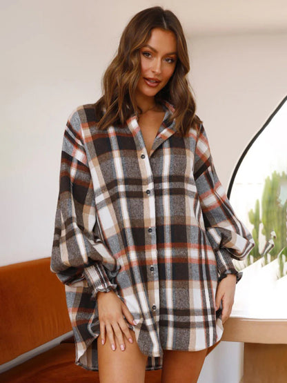 Women's comfortable plaid lantern sleeve long sleeve shirt - FashionistaDeal