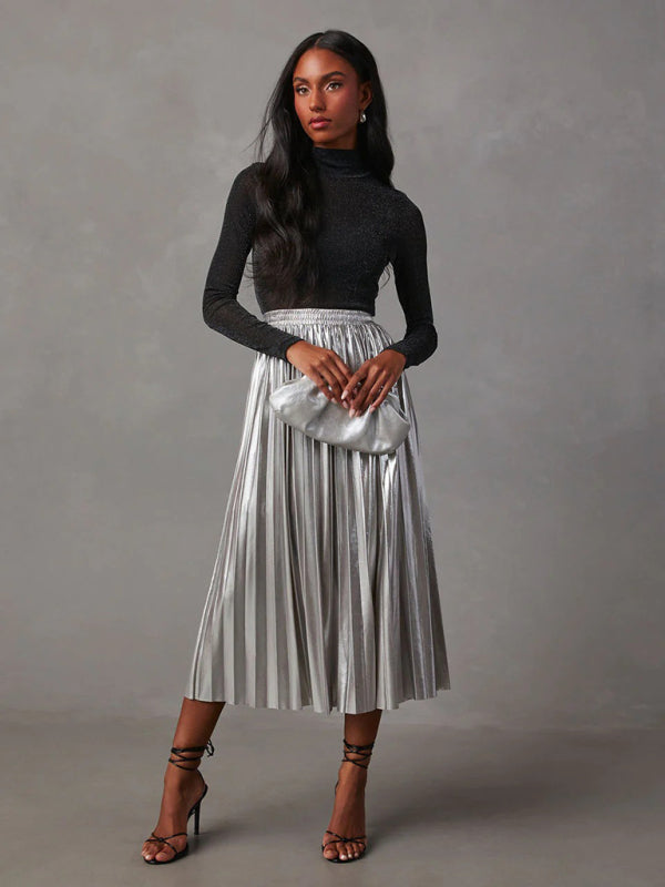 Women's shiny pleated high-waisted A-line mid-length skirt - FashionistaDeal