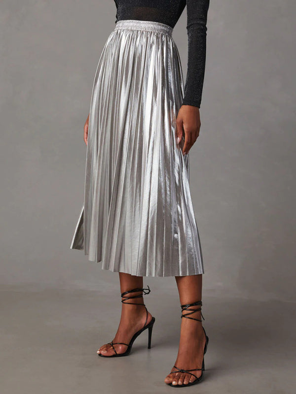 Women's shiny pleated high-waisted A-line mid-length skirt - FashionistaDeal