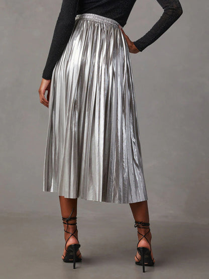 Women's shiny pleated high-waisted A-line mid-length skirt - FashionistaDeal