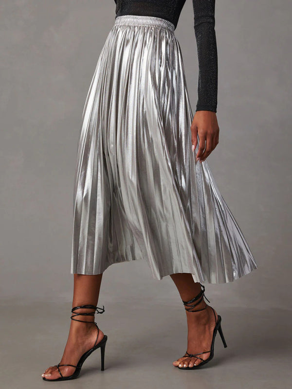 Women's shiny pleated high-waisted A-line mid-length skirt - FashionistaDeal