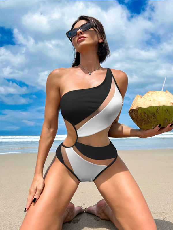 Women's solid color hollow mesh sexy bikini one-piece swimsuit - FashionistaDeal