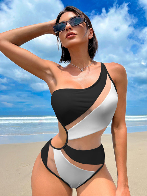 Women's solid color hollow mesh sexy bikini one-piece swimsuit - FashionistaDeal