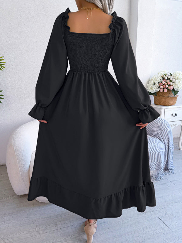 Women's casual square neck flared skirt with large hem and ruffle dresses - FashionistaDeal