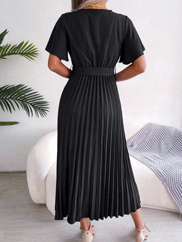 Women's temperament crossover V-neck pleated dress with wide hem - FashionistaDeal