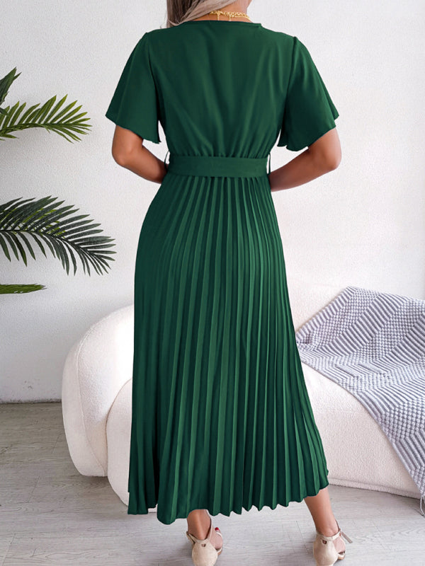 Women's temperament crossover V-neck pleated dress with wide hem - FashionistaDeal