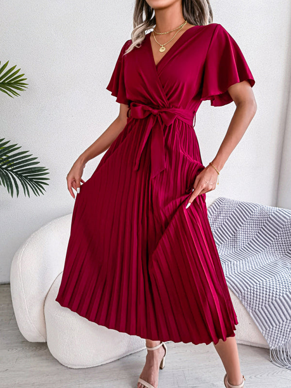 Women's temperament crossover V-neck pleated dress with wide hem - FashionistaDeal