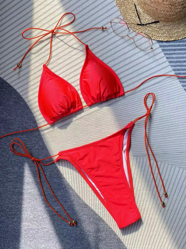 Women's new bikini solid color rope strap sexy swimsuit - FashionistaDeal