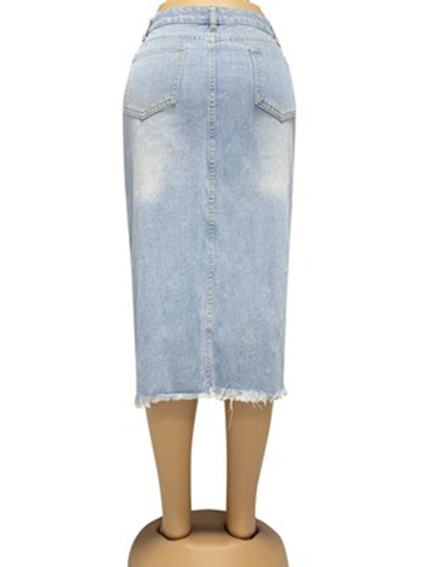 Women's button slit high waist denim skirt - FashionistaDeal