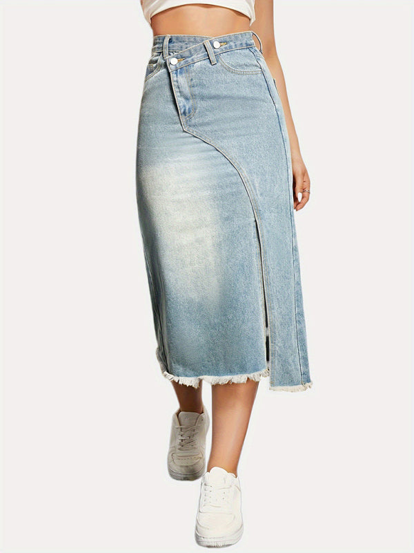 Women's button slit high waist denim skirt - FashionistaDeal