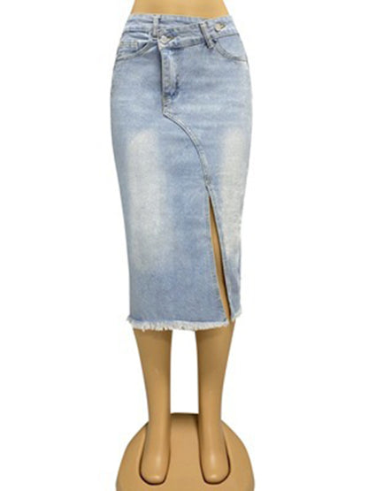 Women's button slit high waist denim skirt - FashionistaDeal