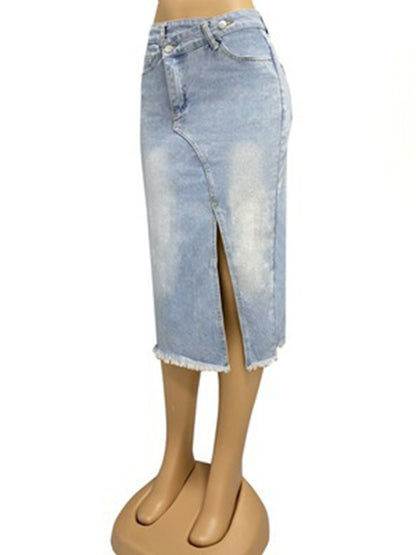 Women's button slit high waist denim skirt - FashionistaDeal