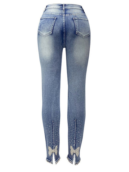 Women's washed beaded denim pencil pants - FashionistaDeal