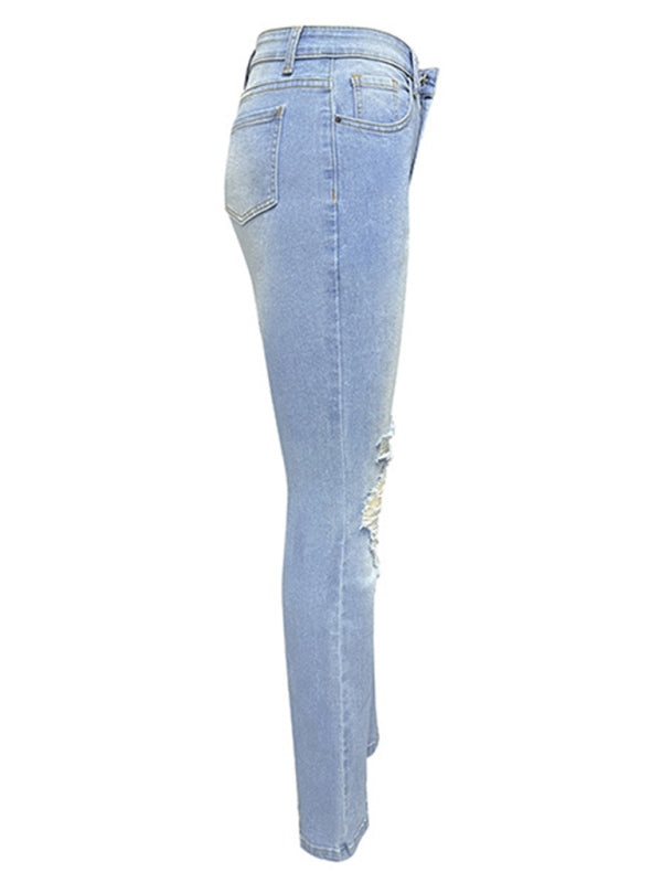 Women's washed ripped high-waisted denim wide-leg trousers - FashionistaDeal