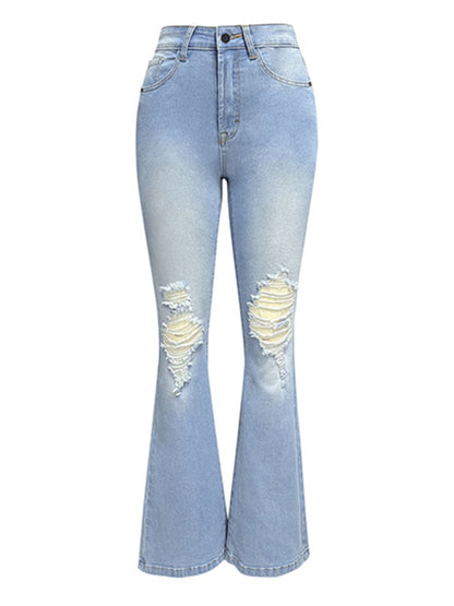 Women's washed ripped high-waisted denim wide-leg trousers - FashionistaDeal