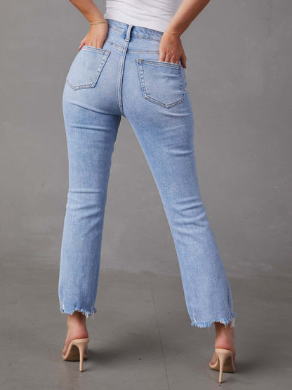 Women's simple ripped light color casual jeans