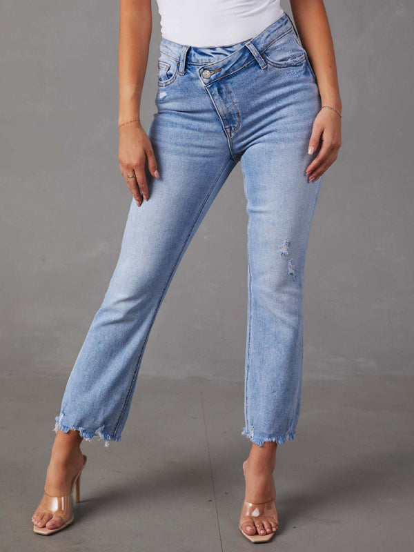 Women's simple ripped light color casual jeans