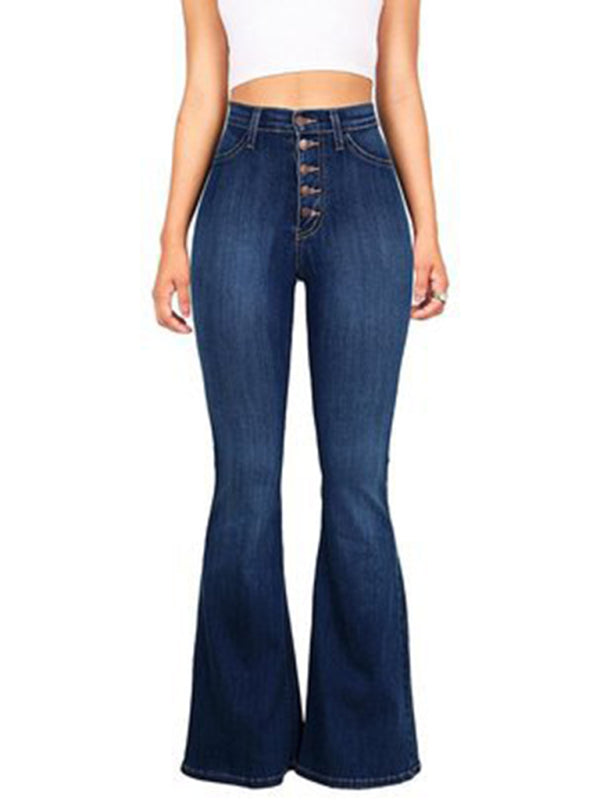 Women's high-waist washed button slim fit slightly flared wide-leg denim jeans