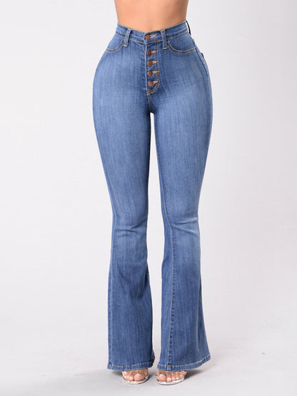 Women's high-waist washed button slim fit slightly flared wide-leg denim jeans