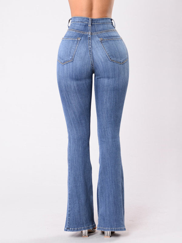 Women's high-waist washed button slim fit slightly flared wide-leg denim jeans