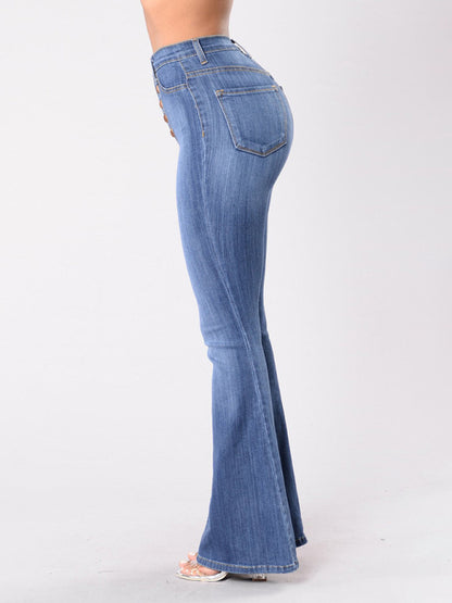 Women's high-waist washed button slim fit slightly flared wide-leg denim jeans