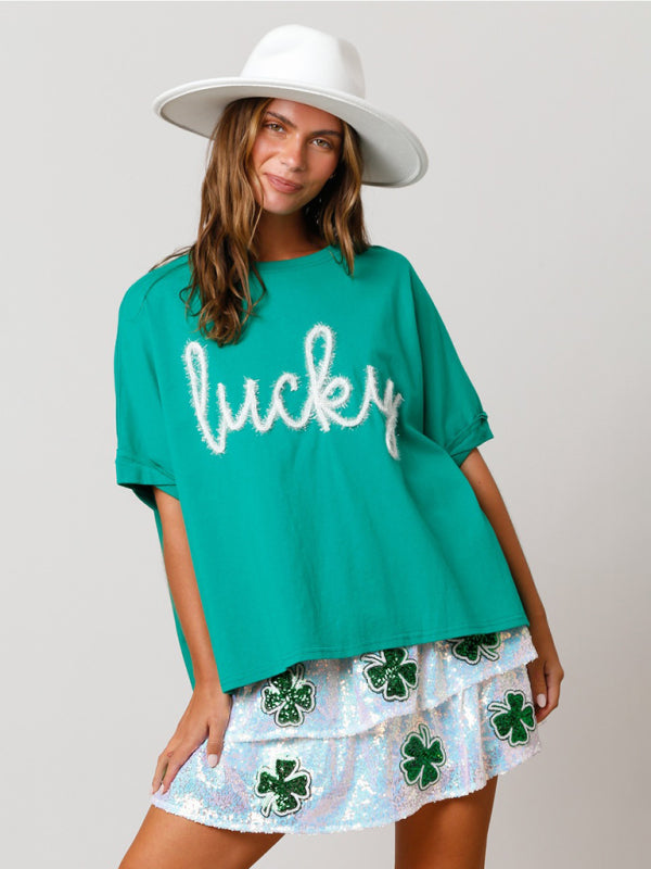 Women's lucky sequined top loose T-shirt