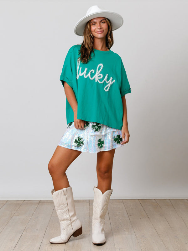 Women's lucky sequined top loose T-shirt