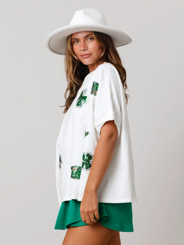 Women's four-leaf clover sequined top loose T-shirt