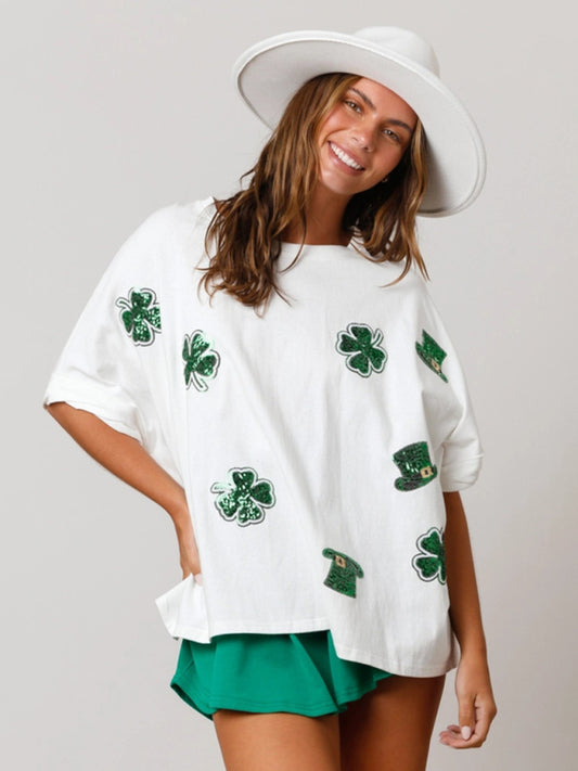 Women's four-leaf clover sequined top loose T-shirt