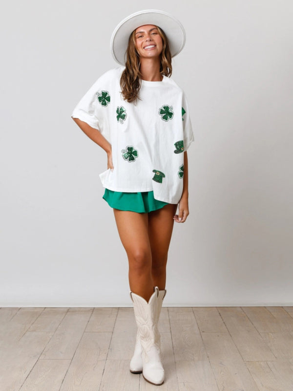 Women's four-leaf clover sequined top loose T-shirt