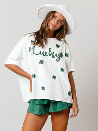 Women's lucky four-leaf clover sequined top loose T-shirt