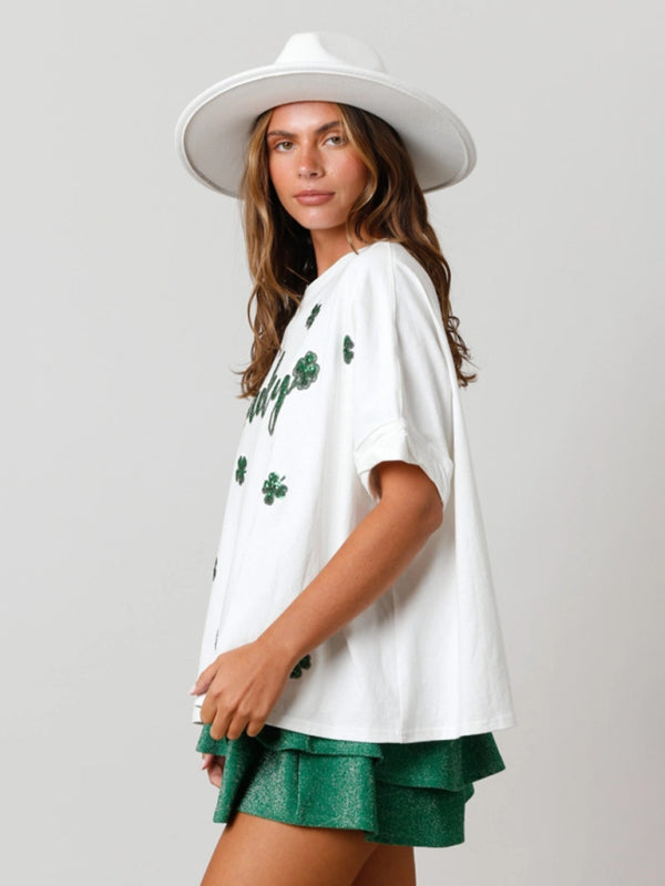 Women's lucky four-leaf clover sequined top loose T-shirt