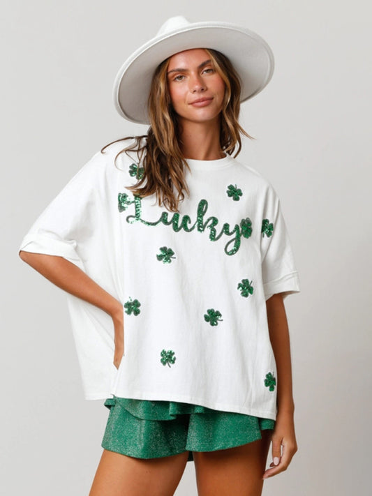 Women's lucky four-leaf clover sequined top loose T-shirt