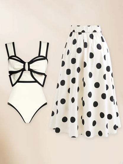 Women's sexy bow one-piece swimsuit + polka dot print skirt (single piece)