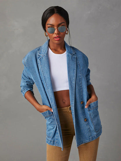 Women's vintage light color heavy washed denim suit jacket