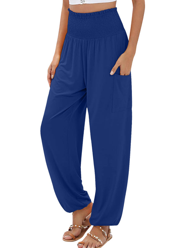 Women's elastic high waist wide leg casual trousers