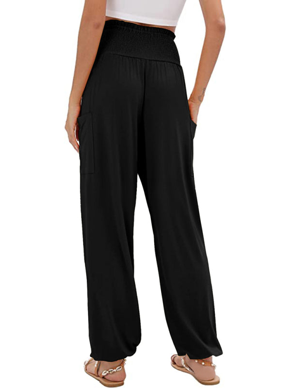 Women's elastic high waist wide leg casual trousers