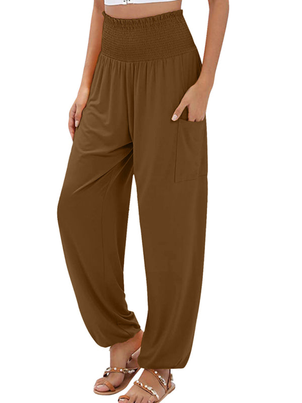 Women's elastic high waist wide leg casual trousers