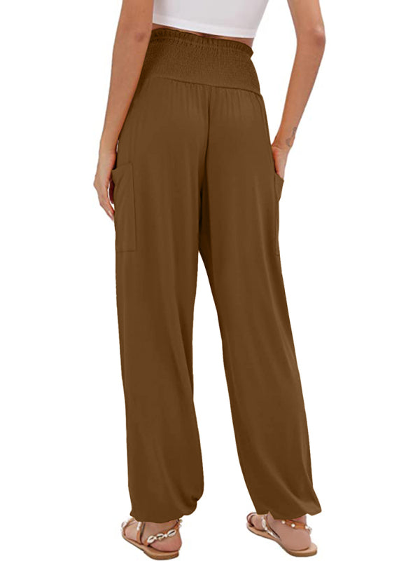 Women's elastic high waist wide leg casual trousers