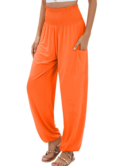 Women's elastic high waist wide leg casual trousers