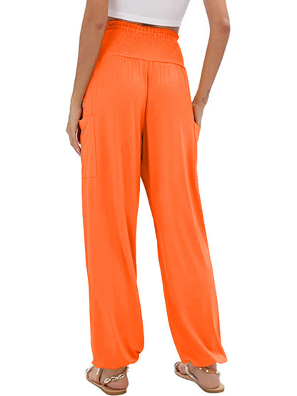 Women's elastic high waist wide leg casual trousers