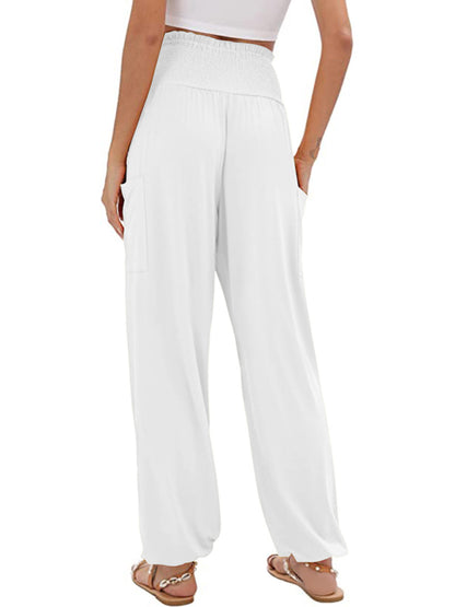 Women's elastic high waist wide leg casual trousers