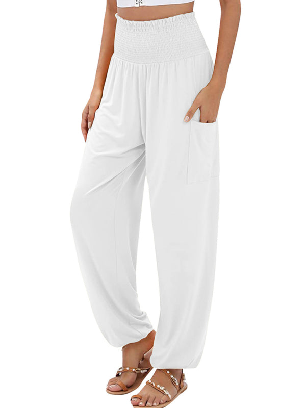 Women's elastic high waist wide leg casual trousers