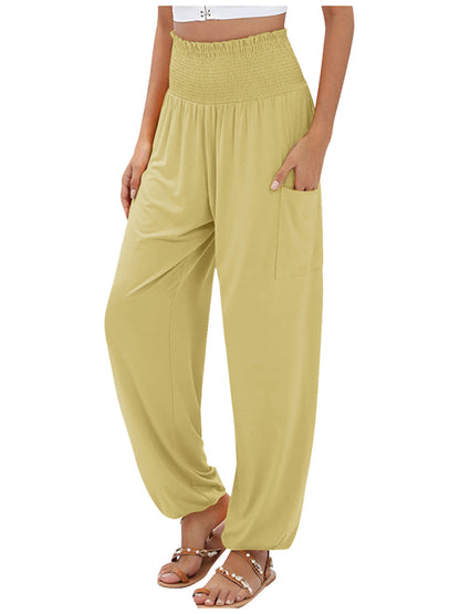 Women's elastic high waist wide leg casual trousers