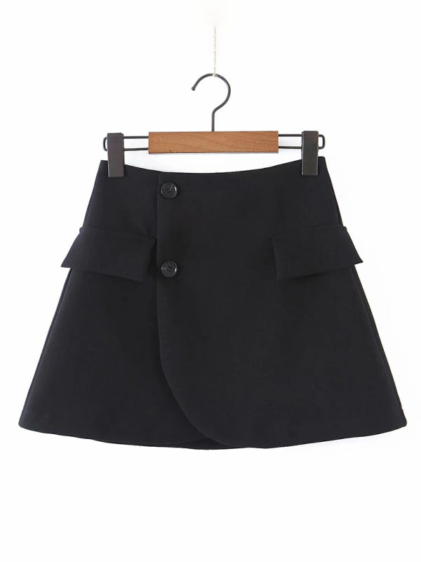 Women's diagonal button short blazer + high waist pocket skirt suit