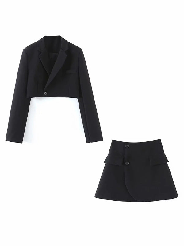 Women's diagonal button short blazer + high waist pocket skirt suit