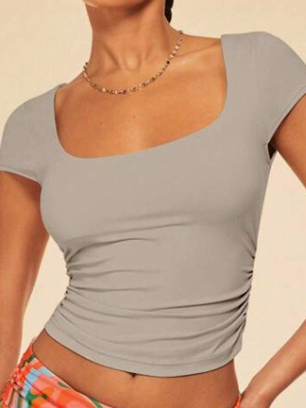 Women's slim solid color short-sleeved square neck T-shirt