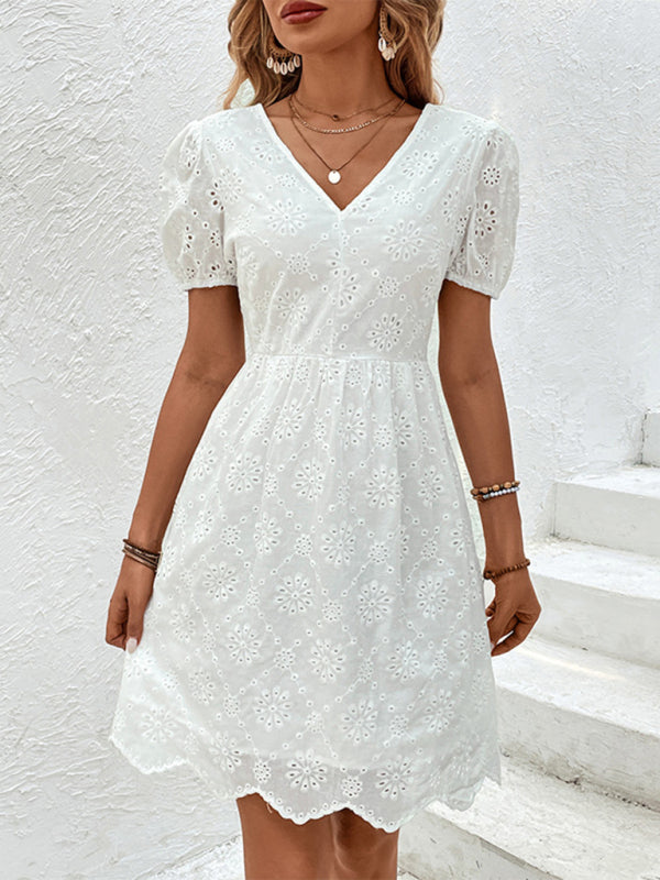 Women's  v-neck puff sleeve white dress